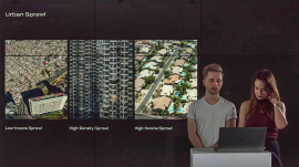 Drei Formen von urban sprawl, der Zersiedlung der Stadt, zeigten die beiden Studierenden auf: (von li.) low-income sprawl, high-density sprawl oder high-income sprawl. (Screenshot https://bergwerk.fhws.de/jetzt-live/)