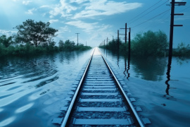 Vom Hochwasser überflutete Bahnlinie. Foto: © Оксана Олейник / Adobe Stock