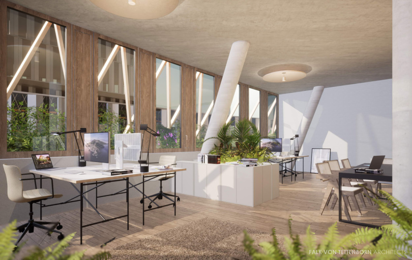 Flexible Büroräume - Bauprojekt „tomorrow“ im Werksviertel in München. Visualisierung: Falk von Tettenborn Architects