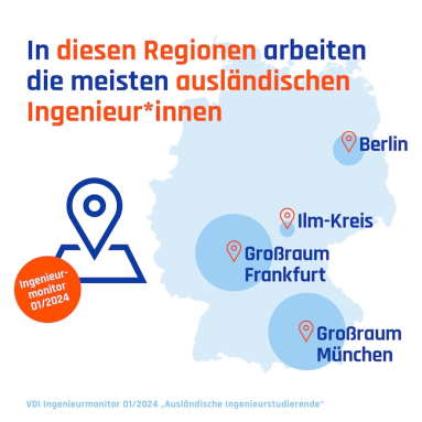 In diesen Regionen arbeiten die meisten ausländischen Ingenieur/innen. Grafik: VDI