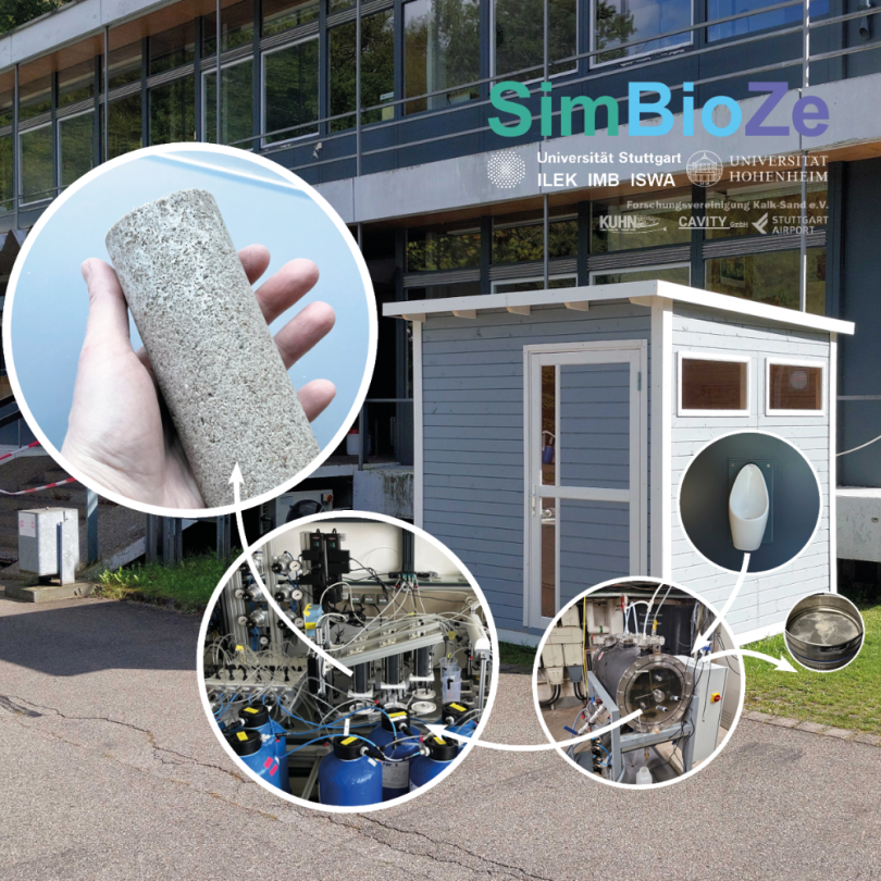 Im Projekt „SimBioZe“ nutzen die Forschenden menschlichen Urin, um einen nachhaltigen Baustoff zu produzieren. Da im Urin bereits Wasser enthalten ist, wird kein zusätzliches Wasser für den Prozess benötigt. Bild: / ILEK / IMB / ISWA /Universität Stuttgart