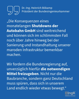 Die Bundesingenieurkammer fordert die Bundesregierung auf, unverzüglich die notwendigen Mittel freizugeben. Grafik: BIngK