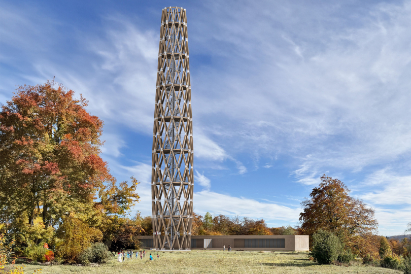 Visualisierung eines Aussichtsturmes aus acetylierten Buchen-LVL-Trägern. Der „Albturm“ könnte aus einzelnen, geraden Buchenfurnierschichtholzstäben bestehen, die mit Stahlknotenverbindungen zu einem Gittertragwerk zusammengesetzt werden. Bild: t-lab RPTU