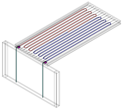 Die Anschlüsse befinden sich an der Deckenunterseite. Die Anbindung erfolgte über eine schlanke Vorwandinstallation an den Innenseiten der tragenden Wände, in der Alu-Verbundrohre vertikal verlaufen.