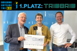 TRIQBRIQ gewinnt den 1. Platz beim „Building Outside The Box“-Preis 2025: Kammerpräsident Prof. Dr. Norbert Gebbeken, Yannik Nolle von TRIQBRIQ und Juryvorsitzender Josef Geiger (v.l.). Foto: BayIka-Bau
